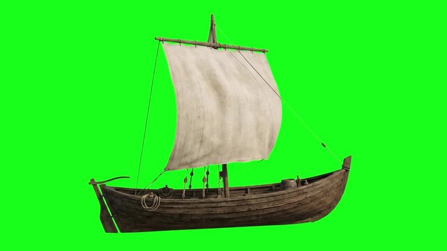 A 3D animated model of an old wooden sailing vessel or koch boat with a single large canvas sail, isolated against a green screen backdrop. Excellent for history educational videos, maritime explorati