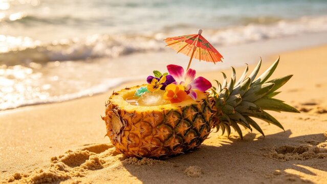 Exotic tropical mocktail in a fruit shell on the beach, Summer holiday resort lifestyle.