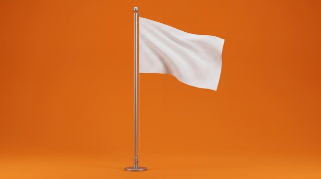 Waving blank white flag on a metal pole isolated against a vibrant orange background symbolizing peace and surrender