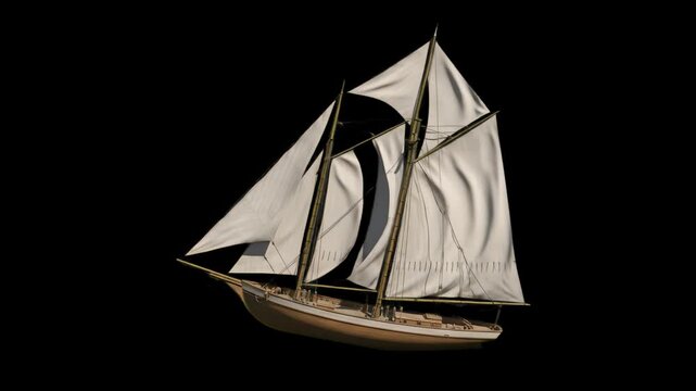 A clean 2D graphic rendering of a classic wooden sailboat with white sails set against a dark black backdrop. Excellent for maritime history media, nautical travel promotions, marine navigation visual