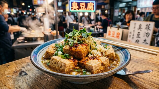 Authentic stinky tofu dish served in a bowl with chopsticks and garnishes