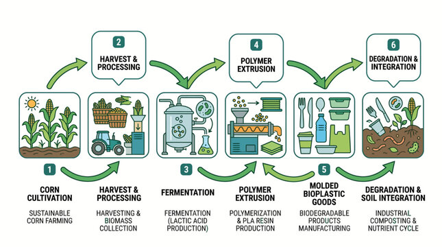 Sustainable cycle of manufacturing biodegradable plastic products starting from agricultural farming to ecological decomposition and soil renewal