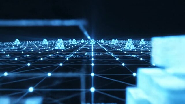 Blue digital network grid with glowing data nodes