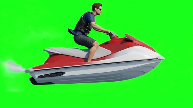 A man wearing a life jacket and sunglasses drives a modern personal watercraft or jet ski. The scene is shot from a side view against a vivid chroma key green screen for flexible compositing into trop