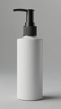 Cosmetic pump bottle container with a black liquid dispenser top positioned on a neutral grey setting.