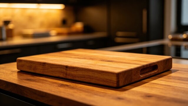Heavy oak wood chopping block in professional kitchen, Warm culinary prep background.