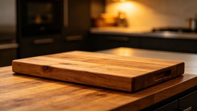 Heavy oak wood chopping block in professional kitchen, Warm culinary prep background.