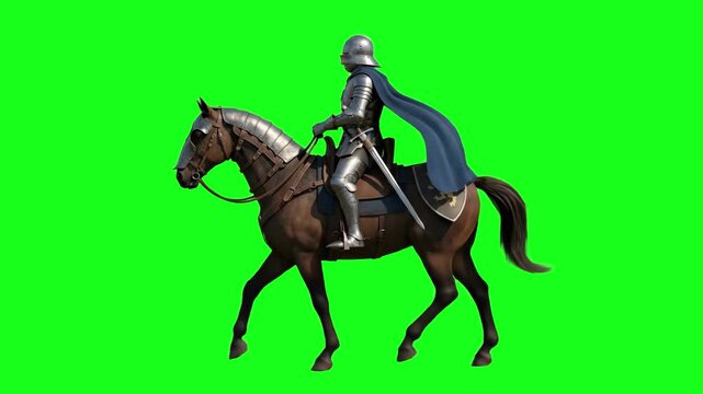 A noble knight clad in full silver plate armor and a blue cape rides a brown horse in a steady profile walk. Placed against a chroma key green screen, this historical 3D asset is tailored for cinemati