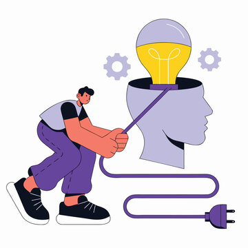 Man Plugging Lightbulb Into Head for Innovation and Creative Thinking Vector Illustration