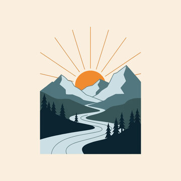 Minimalist vector illustration of a mountain landscape with a winding river valley, featuring pine tree silhouettes, blue peak formations, and a rising orange sun with thin rays.