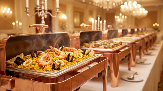 Delicious seafood buffet served in large metal chafing dishes at a luxury hotel banquet hall with warm ambient lighting
