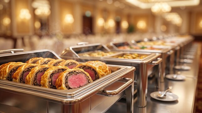Fresh sliced meat rolls served in a warm hotel buffet chafing dish