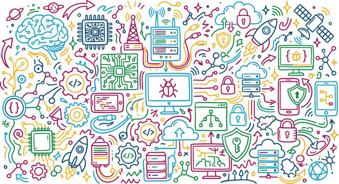 Digital technology and cybersecurity hand drawn doodles with technology cybersecurity internet programming software protection security computer development firewall encryption