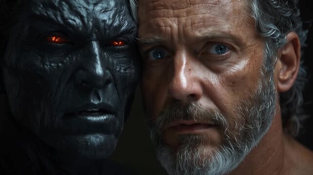 Mature man faces his dark inner demon in intense symbolic portrait, representing profound psychological struggle.