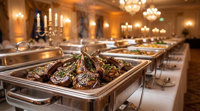 Delicious lamb chops served in a luxury catering buffet at a wedding banquet hall with warm golden lighting