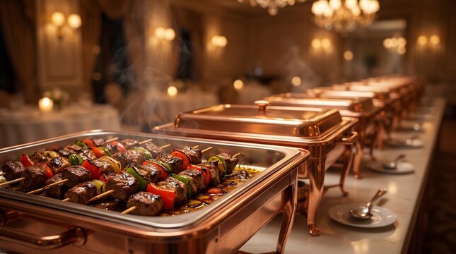 Delicious meat skewers served in shiny metal chafing dishes on a buffet table at a luxury evening event
