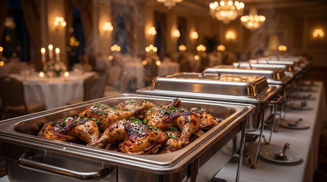Delicious roasted chicken served in a silver buffet chafing dish at a fancy hotel party dinner with warm golden candlelight glowing in the background