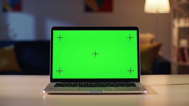 A modern laptop with a green screen display sits on a wooden desk