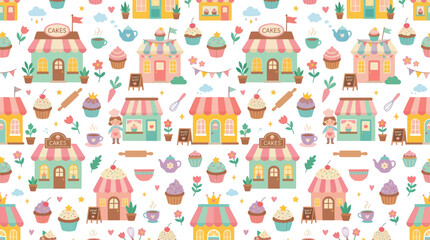 Fototapeta premium Cute Flat Cartoon Bakery and Cafe Shops Seamless Pattern. Vector Food and Drink Confectionery Background Design.