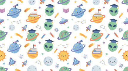 Fototapeta premium Flat Science Space Education Seamless Pattern with Cute Planets, Aliens, Rockets, and Books