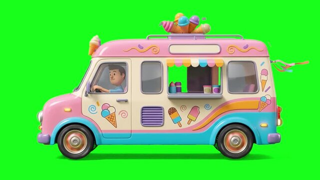 A cute 3D cartoon style pink and blue ice cream van with a driver inside, moving in profile against a chroma key green screen background. Ideal for children's shows, sweet shop marketing, and fun anim