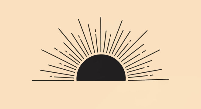 Modern boho half sun illustration with black radiating lines and rays on a neutral beige background, minimalist celestial sunset or sunrise vector graphic art style.