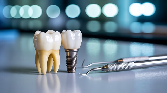 Dental implant model with tooth and tools representing modern oral healthcare concept