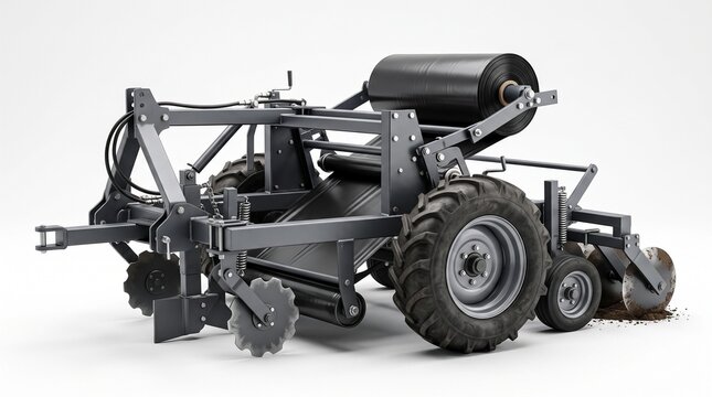 Plastic mulch laying machine isolated on a white background with realistic details and studio lighting. Perfect for modern agriculture concepts.
