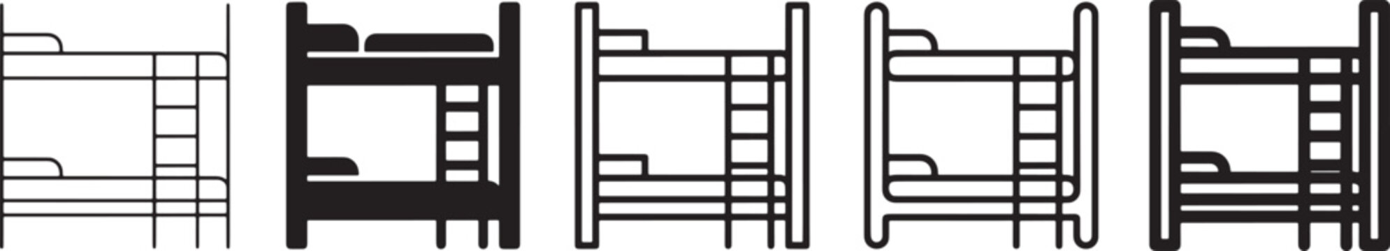 Five black and white bunk bed icon styles in different line art designs Vector