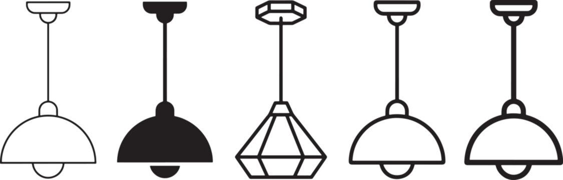 Five different ceiling light bulb designs in simple black and white vector illustration style Vector