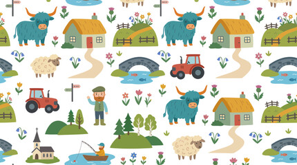 Naklejka premium Cute Scottish Farm Life Flat Vector Seamless Pattern with Highland Cows, Sheep, Tractors, Houses, Rural Landscape