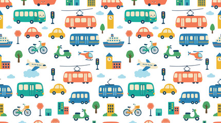Fototapeta premium Cute Flat Cartoon Vehicles Seamless Pattern. Urban Transportation Background with City Cars, Buses, Trains, Airplanes.