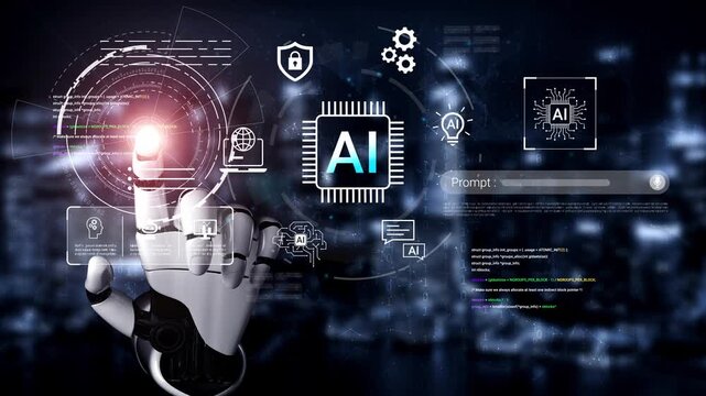 Futuristic Technological Interface with Robotic Hand Touching AI Symbol and Digital Elements for Innovation and Creativity in Automation and Computing Gluon.