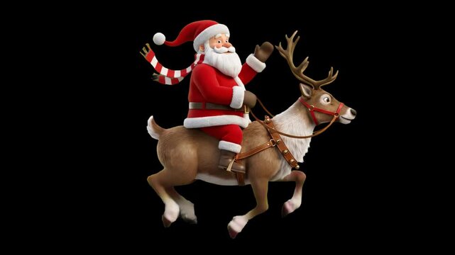 A friendly 3D animated Santa Claus waves while riding a running reindeer against a solid black backdrop. This high-contrast character layout is perfect for custom blending, overlays, and festive motio