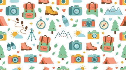 Fototapeta premium Cute Flat Cartoon Seamless Pattern: Outdoor Adventure, Camping Hiking Gear, Travel Nature Elements