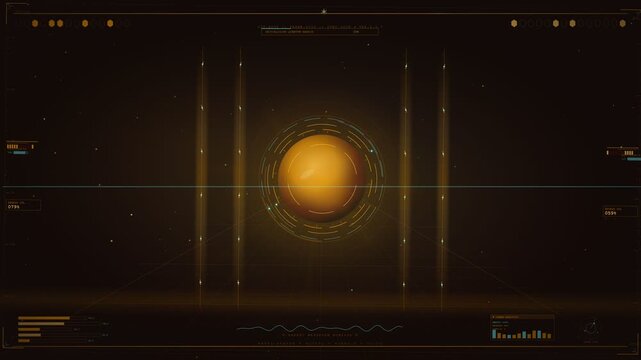 A high-tech digital sci-fi head-up display (HUD) intro layout featuring a glowing golden sphere and a central "VS" (Versus) text logo