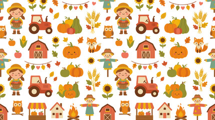 Fototapeta premium Cute Cartoon Autumn Harvest Seamless Pattern with Farm Life Elements, Kids, Tractors