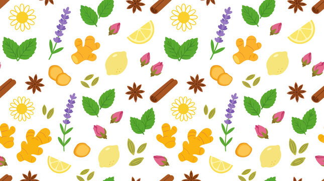 Flat Design Seamless Pattern of Herbal Tea Ingredients: Ginger, Lemon, Lavender, Mint