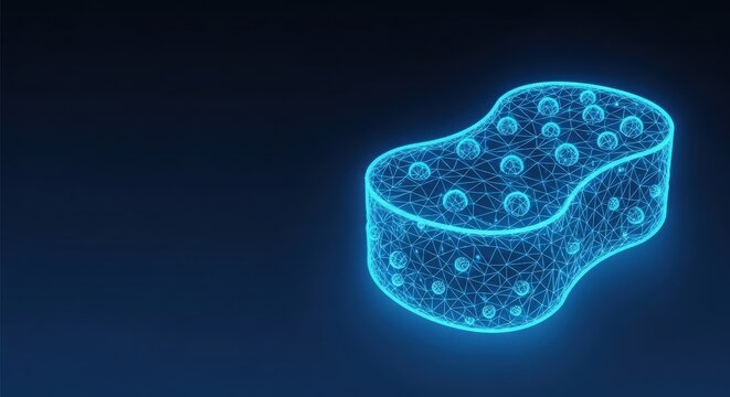 Glowing blue wireframe sponge object with embedded bubbles in digital 3D render