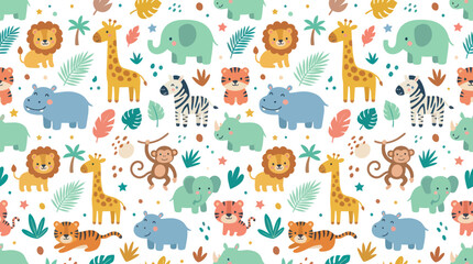 Naklejka premium Cute Jungle Animals Pattern, Flat Design, Vector Illustration for Kids