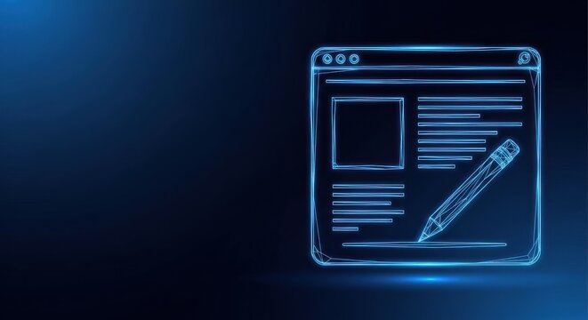 Website Design and Development Interface with Glowing Neon Lines and a Pencil Icon