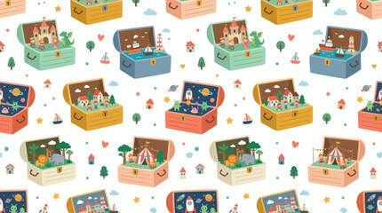 Fototapeta premium Cute Cartoon Flat Vector Seamless Pattern: Treasure Chests with Miniature Fantasy Worlds and Kids' Imagination Toys