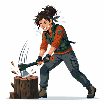 Strong determined woman chopping wood with an axe on a tree stump in cartoon style.