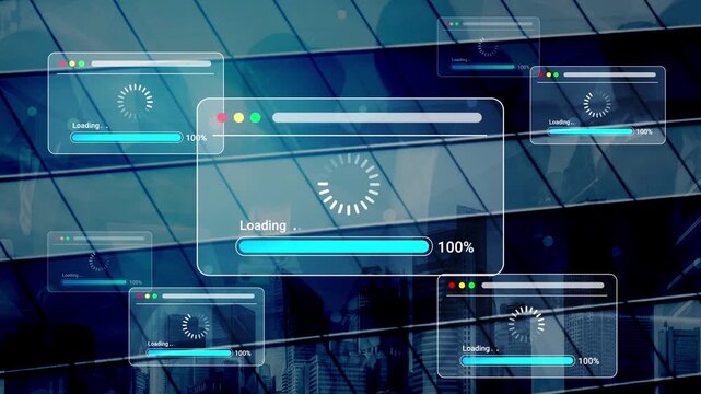 Loading Screens with Progress Bars Overlaid on Modern Skyscraper Building Reflection in Urban Environment Background Gluon.