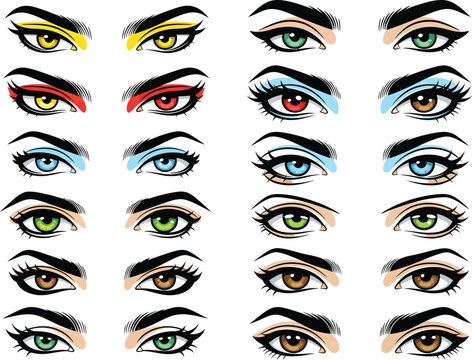 Set of various hand drawn female eyes with different makeup styles and colorful eyeshadows isolated collection for fashion beauty and makeup cosmetic design projects
