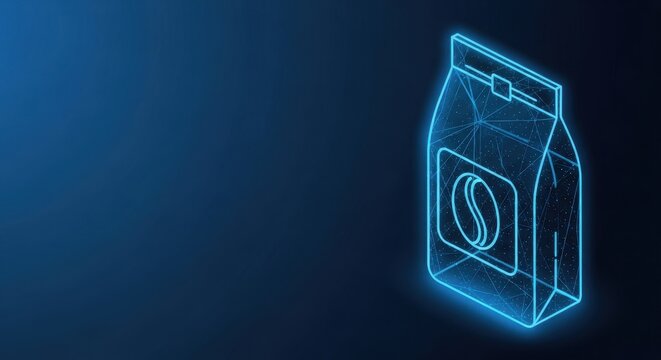 Glowing outline of a coffee bag with bean symbol on a dark blue abstract background
