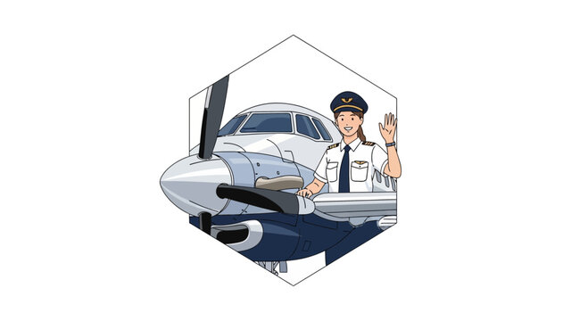 Female pilot waving hello in front of a small airplane, aviation career, professional pilot