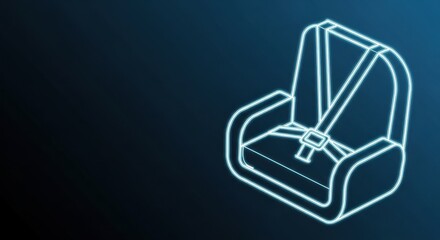 Fototapeta premium Glowing neon outline of a child car seat with safety straps on a dark blue background, representing safety and transport
