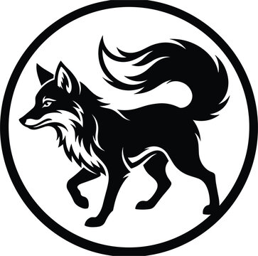 Wild Fox Black Silhouette Circular Emblem Vector Icon with Fluffy Curved Tail for Nature Wildlife Branding, Forest Adventure Badges, and Corporate Team Logos
