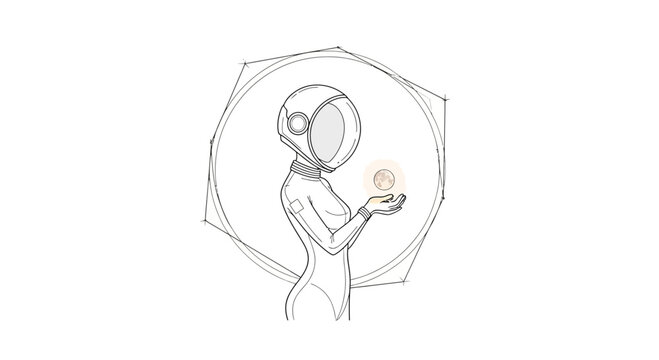 Futuristic Woman in Helmet Holding Glowing Orb, Sci-Fi Concept Art Sketch